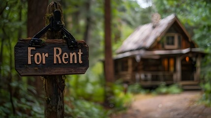 A rustic "For Rent" sign hangs on a wooden post in front of a log cabin surrounded by trees.