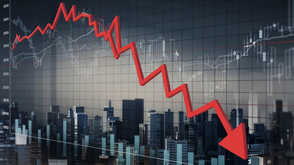 Naklejka premium Fluctuating Stock Price Graph with Descending Red Line Economic Recession and Global Financial Instability Crisis in Financial Markets Visualization