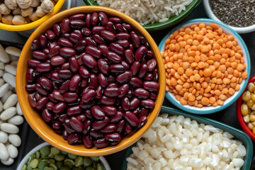 Fototapeta premium several pots with raw grains for preparing healthy food