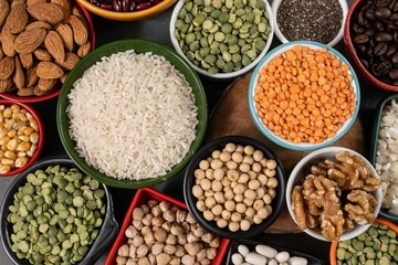 several pots with raw grains for preparing healthy food