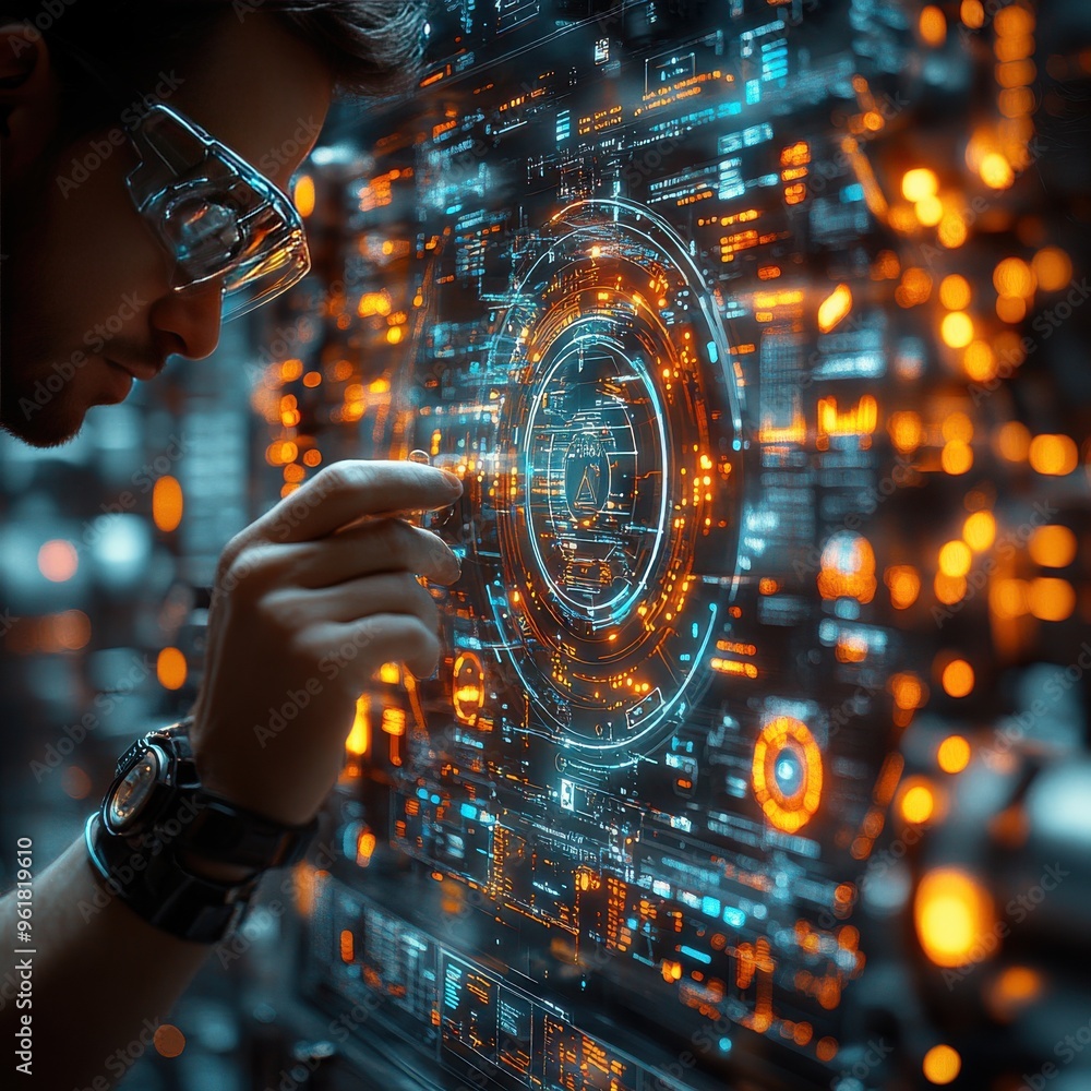 Aufkleber man interacting with futuristic digital hud interface. technology, innovation, and data visualizatio