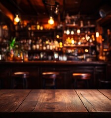 wooden table top with blurred bar in the background