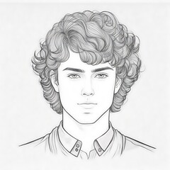 Hand drawn portrait of a young man sketch with curly hair, ideal for artistic illustration, character design. Pencil drawing for young boy sketch illustration