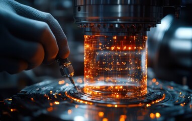 Close-up of hand operating sophisticated machinery with glowing lights in industrial setting, showcasing technology and precision engineering.