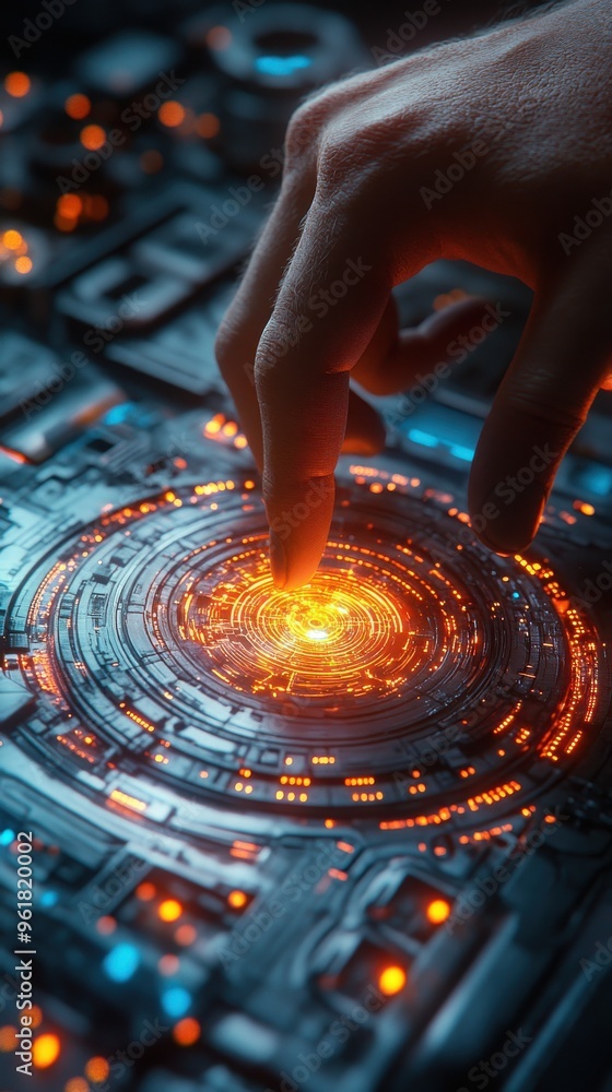 Poster hand interacting with a glowing futuristic interface, displaying advanced technology concepts and di
