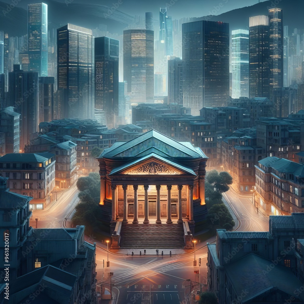 Poster a striking blend of classical and contemporary architecture, this image showcases a grand neoclassic