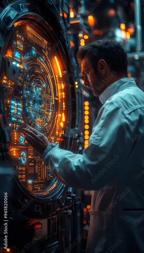 Poster scientist operates futuristic technology interface with glowing holographic display in a dark lab se