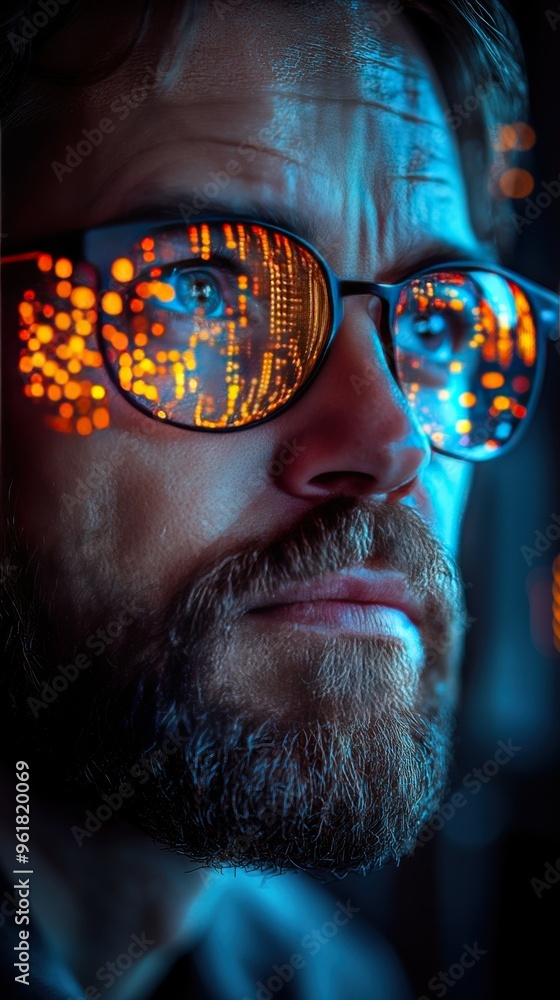Poster close-up of a thoughtful man with glasses reflecting various data points and digital information in 