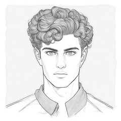 Hand drawn portrait of a young man sketch with curly hair, ideal for artistic illustration, character design. Pencil drawing for young boy sketch illustration