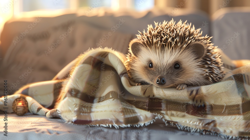 Wall mural A hedgehog curled up in a blanket.