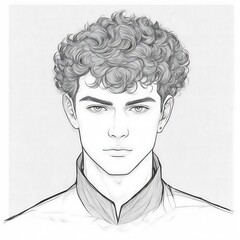 Hand drawn portrait of a young man sketch with curly hair, ideal for artistic illustration, character design. Pencil drawing for young boy sketch illustration