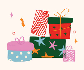 Gift boxes set. Holiday presents wrapped in festive paper wrapping, decorated with ribbon bows, strings and twines. Surprises in giftboxes. Flat vector illustrations isolated on white background