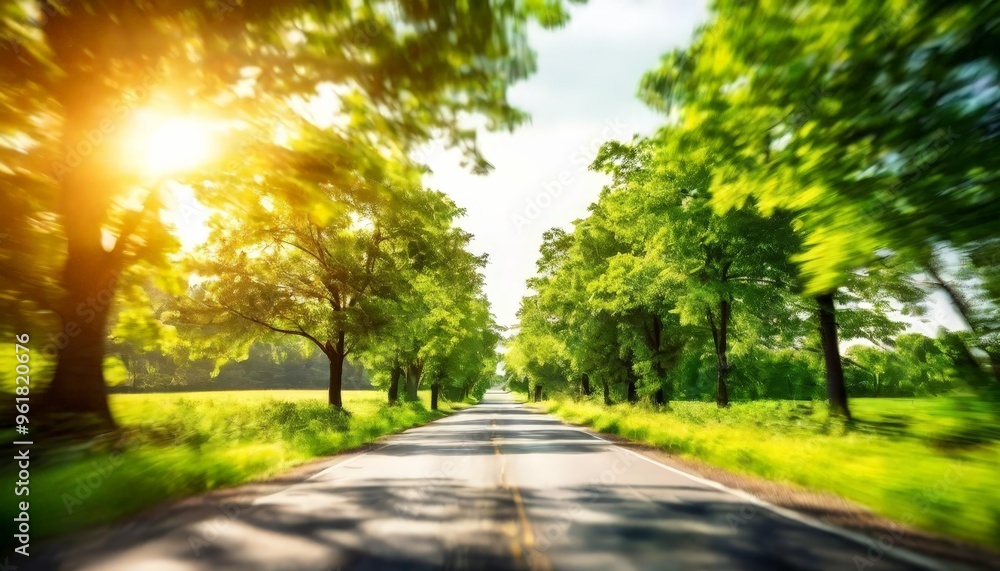 Poster road with trees and grass in the background
