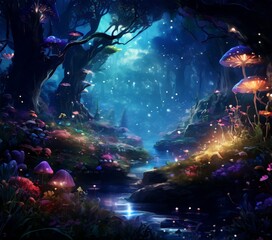Obraz premium forest with stream and mushrooms
