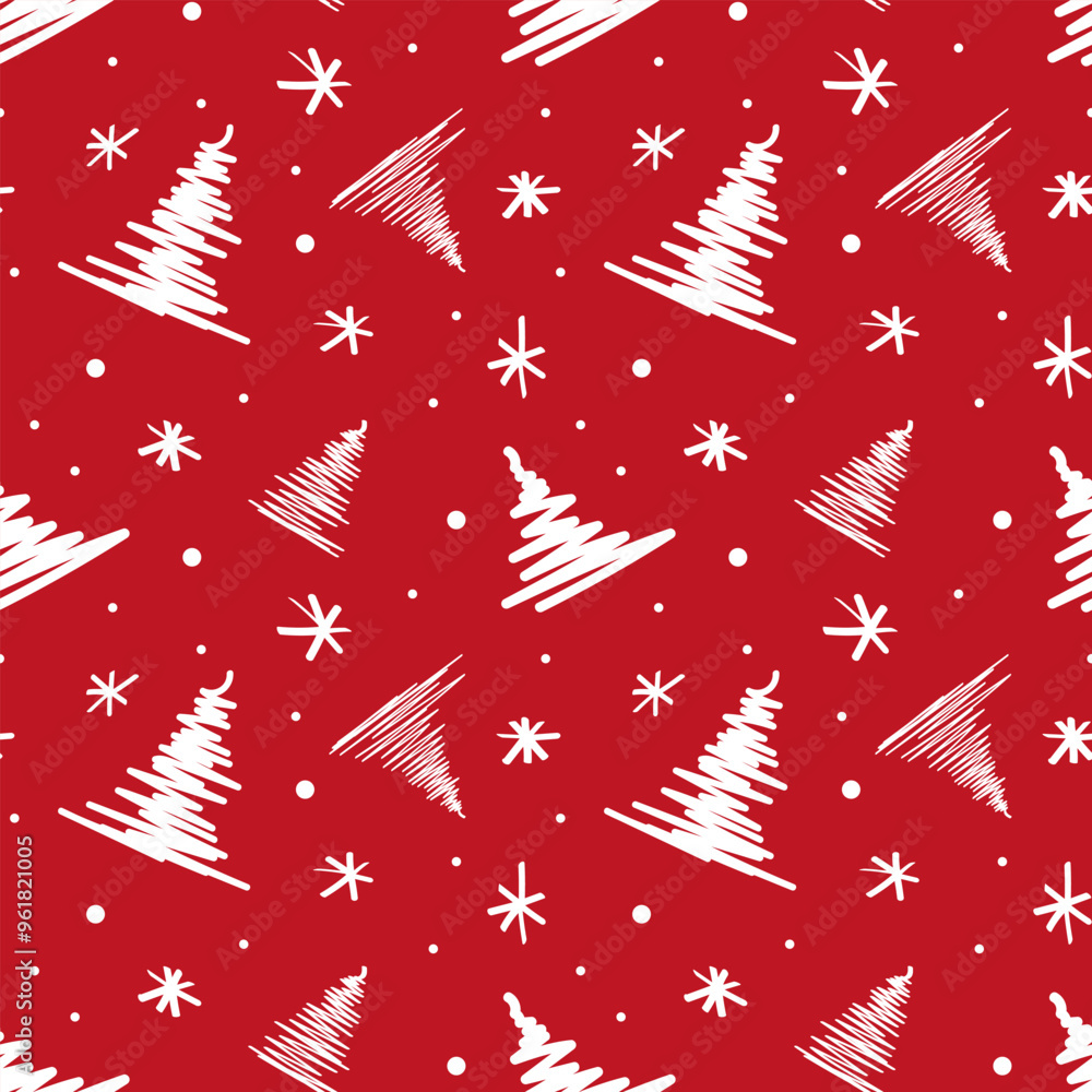 Poster hand drawn christmas trees pattern. christmas trees, snowflake and dots on a red background
