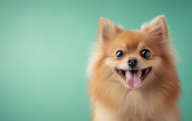 Happy Pomeranian Dog with Tongue Out Against Green Background - Cheerful Canine Portrait