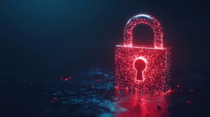 Digital red glowing padlock made of glowing atoms, for computing system on dark blue background, cyber security technology for fraud prevention and privacy data network protection concept