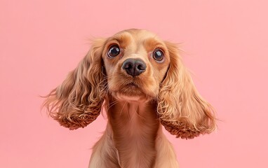 Naklejka premium Happy Cocker Spaniel Dog with Flopped Ears on Pink Background | Playful Pet Portrait Against Vibrant Pink Setting