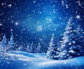 snowy scene with christmas tree and snow falling from the sky