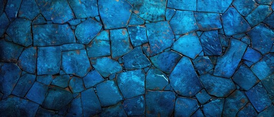 A blue wall made of stone blocks