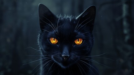 A black cat with glowing amber eyes stares directly at the camera, set against a dark, shadowy forest background. The image captures a sense of mystery and intrigue, ideal for use in Halloween or