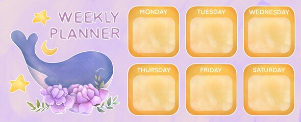 Weekly planner with whale illustration. cute school timetable or schedule template with empty copy space, purple background. diary, To-do list concept in notebook. watercolor hand drawn banner