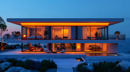 Modern House with Pool and Ocean View 3D Render