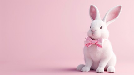 A cute white rabbit with a pink bow tie sits on a pink background.