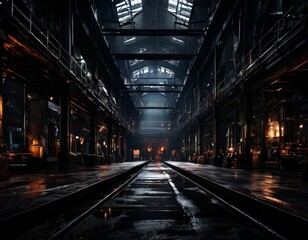 train track in dark industrial area