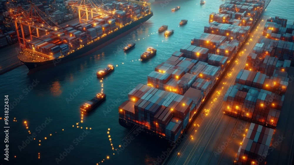 Poster global supply chain network with interconnected shipping routes and distribution hubs.