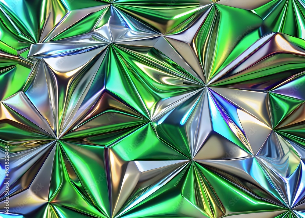 Poster shiny iridescent metallic fabric texture reflective geometric patterns colorful surface
