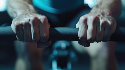 close-up of a pair of hands gripping the handles of a rowing machine, with the gym environment in the background.