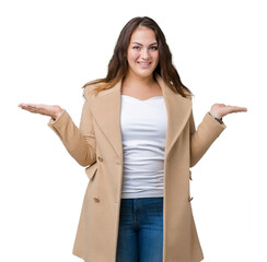 Beautiful plus size young woman wearing winter coat over isolated background Smiling showing both hands open palms, presenting and advertising comparison and balance