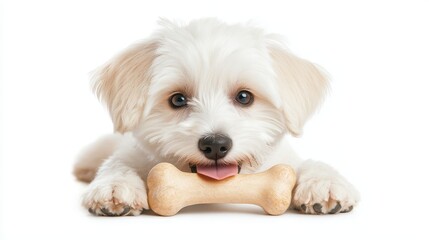 Adorable puppy happily chewing on a bone, showcasing its playful personality and cute features.