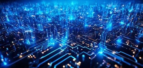 futuristic city with glowing lights and blue background