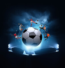 A skilled soccer player showing fancy soccer moves around the ball above the stadium at night. © efks