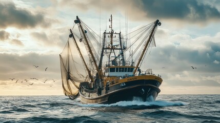 Large fishing trawler operating in the open ocean, with nets extended and a sense of scale against the expansive sea