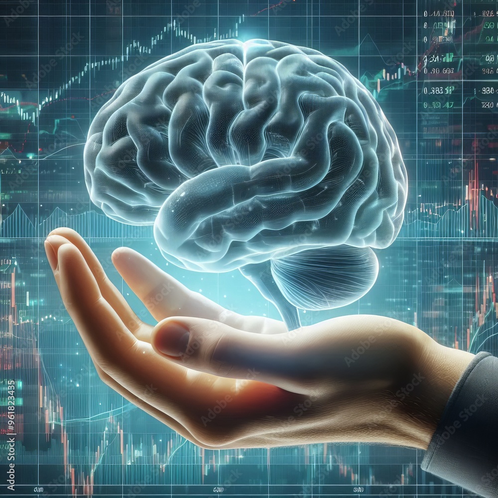 Poster a futuristic image showcasing a hand gently holding a glowing digital brain, set against a backdrop 