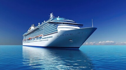 Large luxury cruise ship gliding through calm, deep blue waters with a clear sky and distant horizon, emphasizing its grandeur.