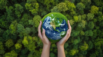Hands holding globe on green nature forest background in saving environment concept, save clean planet, ecology concept for World Earth Day. Aerial top view green forest with earth, Green planet.