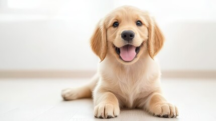 Adorable golden retriever puppy with a joyful expression, lying on a bright floor, radiating happiness and warmth.