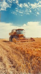 Obraz premium Combine harvester is harvesting wheat on a sunny day