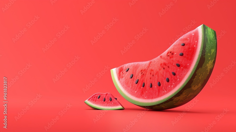 Poster a large slice of watermelon next to a small one on a red background.