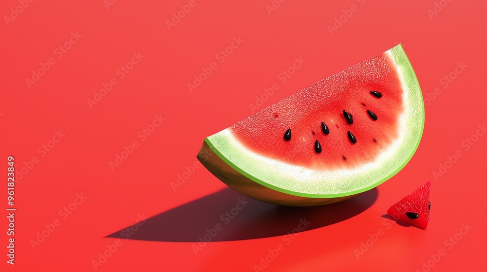 Poster a large slice of watermelon next to a small one on a red background.