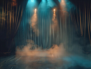 Fototapeta premium Smoky mist dramatic smoke stage background blue teal gold glow spotlight theater atmosphere performance event empty copy space banner background haze dramatic dance concert play thriller vibe