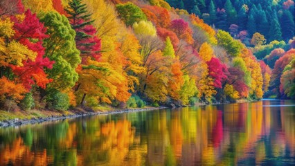 Colorful trees lining the riverbank, autumn, foliage, vibrant, scenic, nature, landscape, reflection, water, tranquil, serene