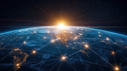 Illustration of global network connections and communication technology for internet business and telecommunication, featuring earth connector, earth map, and a 3D globe with an electronic network.