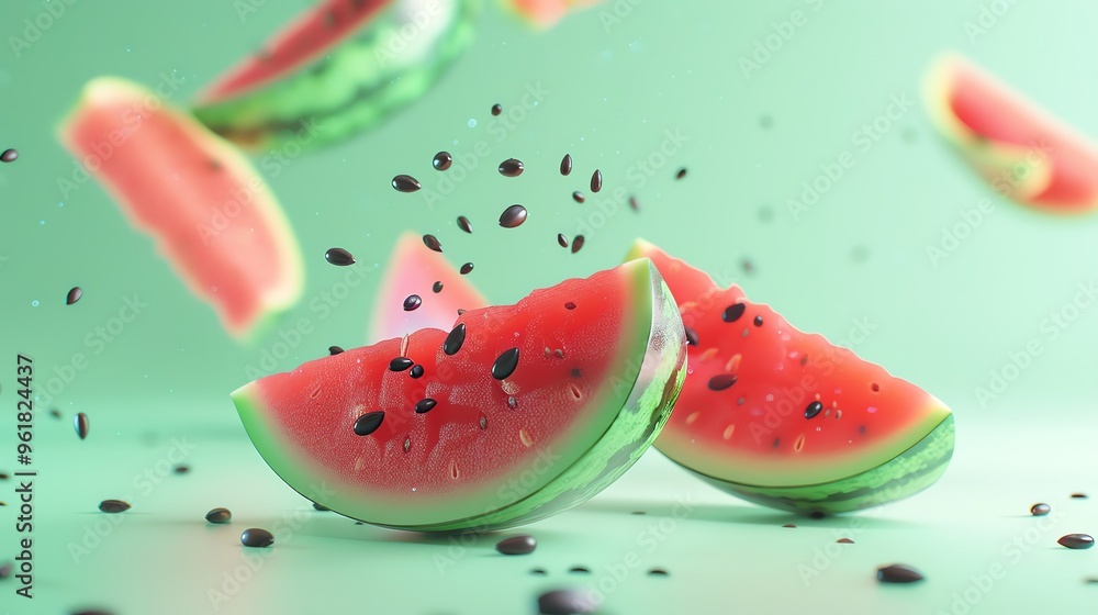 Canvas Prints Watermelon slices and seeds floating in the air against a green background.