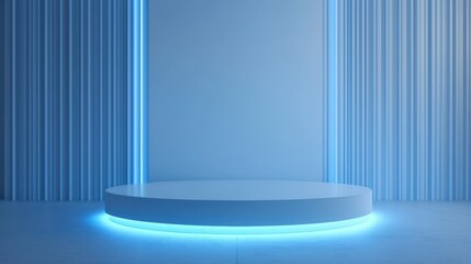 Modern Minimalist Blue Neon Lit Circular Stage with Vertical Striped Background