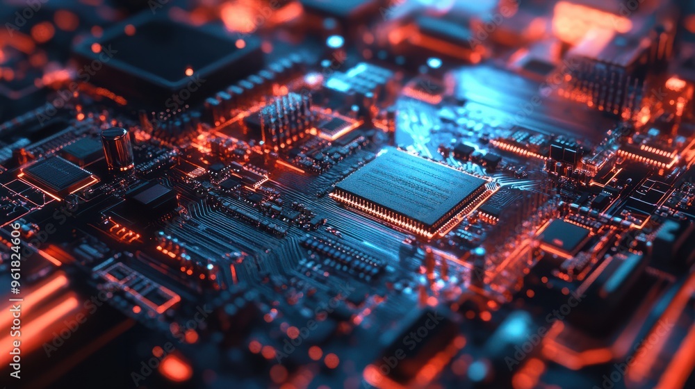 Poster microchip, surface zoom in, macro, tech, computer, it created with generative ai technology